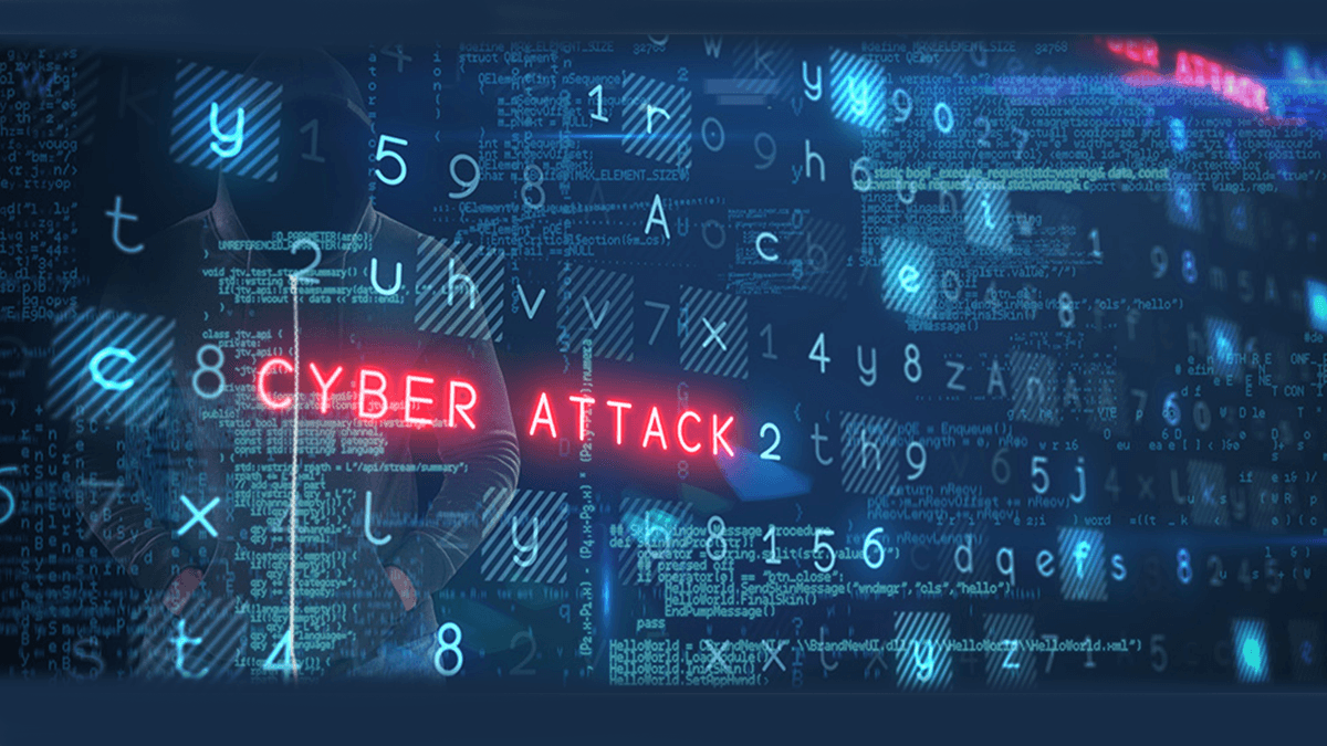 Blue abstract background with 'cyber attack' in red letters