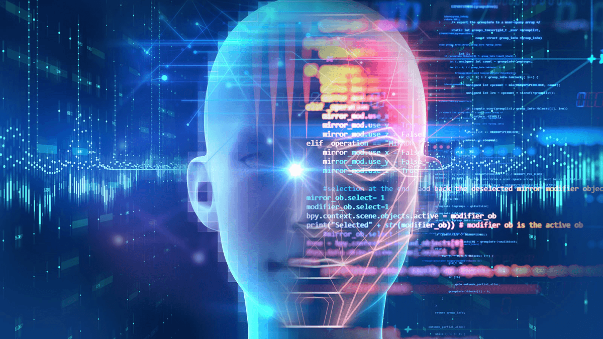Head of robot with computer code overlay