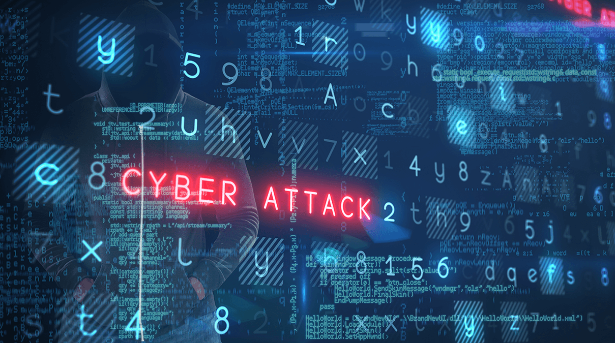 Abstract background blue with "cyber attack" in red letters