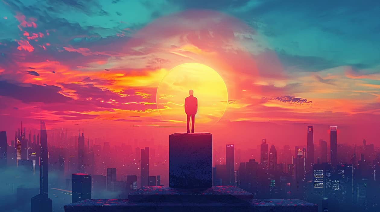 AI generated image of man standing on top of building - sunset in background