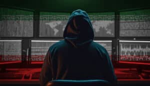 Cyber threat from the Iran Hacker at the computers on a background