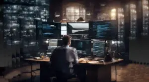 Man at computer with multiple screens