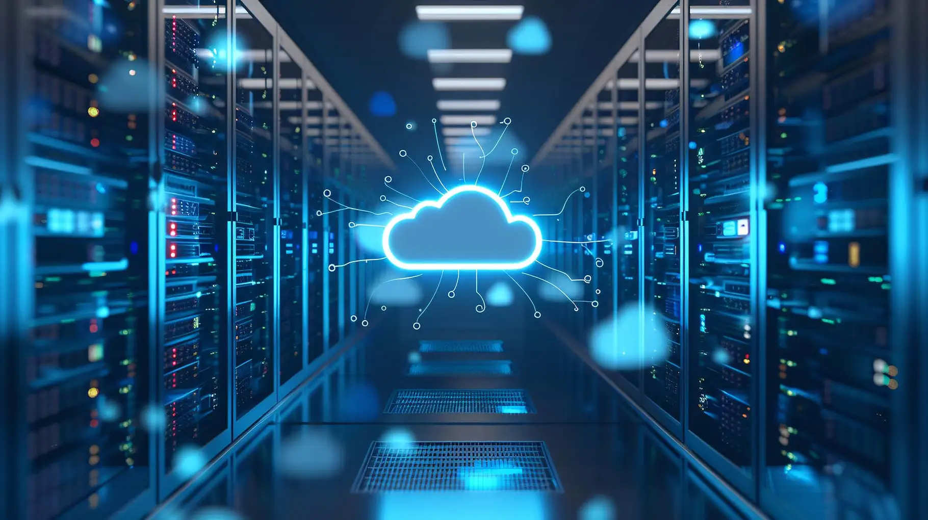 Modern data center with illustration of a cloud overlay