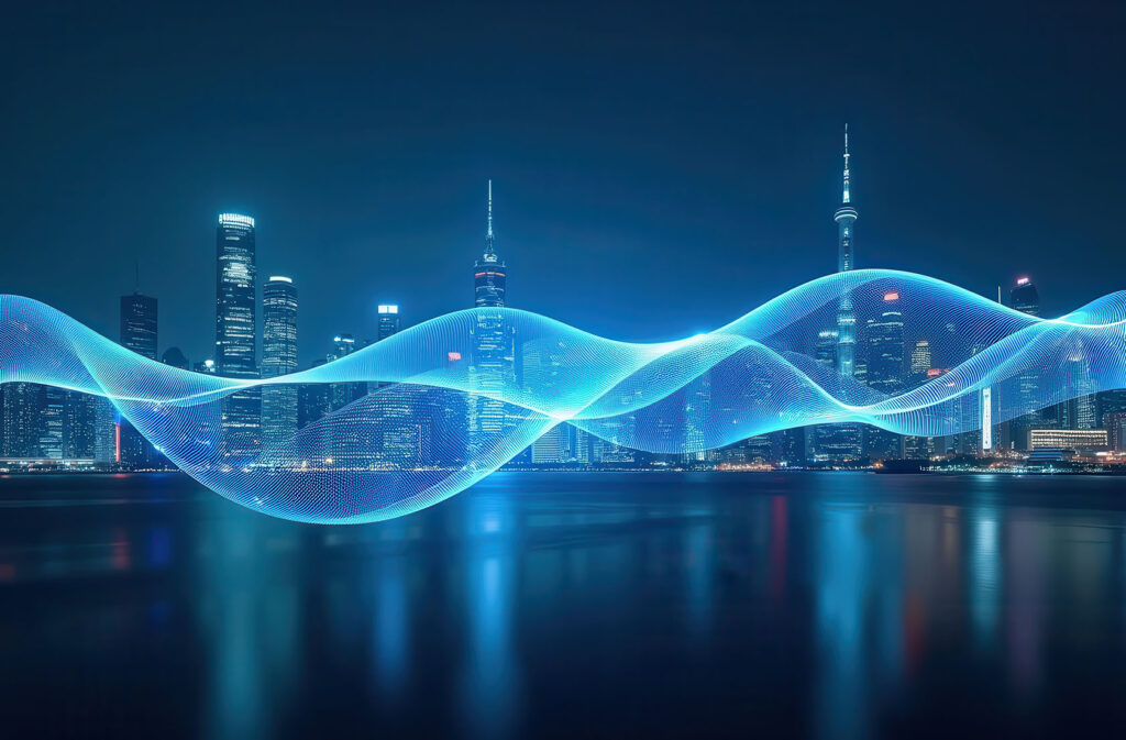 A futuristic cityscape with glowing lines representing data netw - CTIN secure financial data